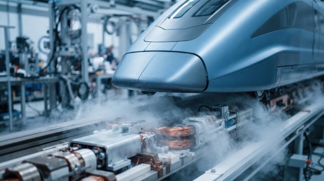 Maglev train nose beside levitating rail segment, copper coils, liquid nitrogen mist, and superconducting transport hardware