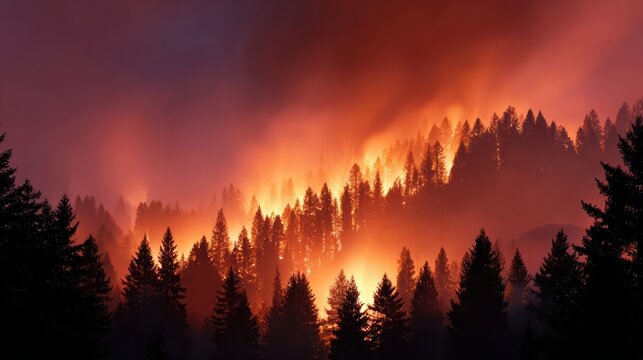 Intense wildfire consumes a dense forest at night, with bright orange flames and thick smoke rising above silhouetted trees.