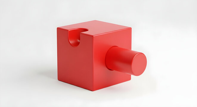 Red Geometric Puzzle Piece With Interlocking Connector Mechanism Representing Creative Solutions and Modular Construction Concepts