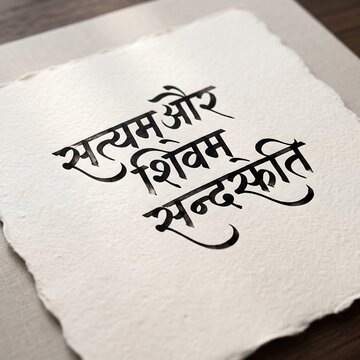 Black ink hindi calligraphy written on handmade textured white paper with deckled edges with handwritten hindi script