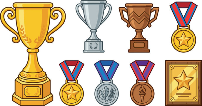 Golden Silver and Bronze Trophy Cup Award Icon Set with First Second Third Place Medals and Star Plaque Vector Elements for Tournaments