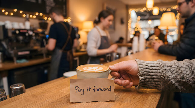 Pay It Forward Coffee Gesture in Cozy Cafe with Warm Latte and Kindness