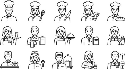 Fototapeta premium Set of hotel and restaurant staff icons, including chefs, waiters, receptionists, and housekeeping, in a clean line art style