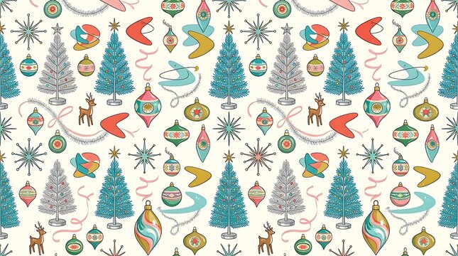 Retro mid-century modern Christmas seamless pattern with vintage trees and retro holiday ornaments