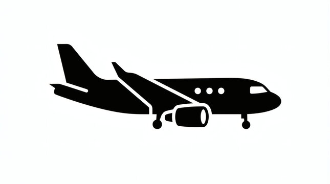 Black airplane vector icon silhouette isolated on white background, commercial jet plane symbol