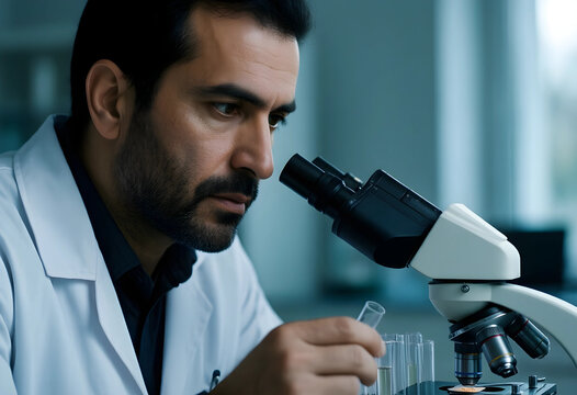 Medical research and scientific discovery, male scientist using a microscope for laboratory analysis and clinical testing in a modern healthcare facility