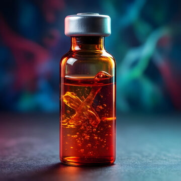 Vaccine development and medical research, amber glass vial with liquid and cross symbol for pharmaceutical innovation and healthcare biotechnology progress