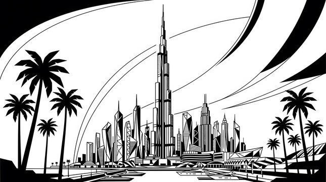 Modern skyscrapers skyline with palm trees in futuristic city illustration isolated on white background