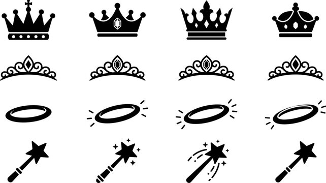 Set of crowns, tiaras, halos and magic wands vector icons