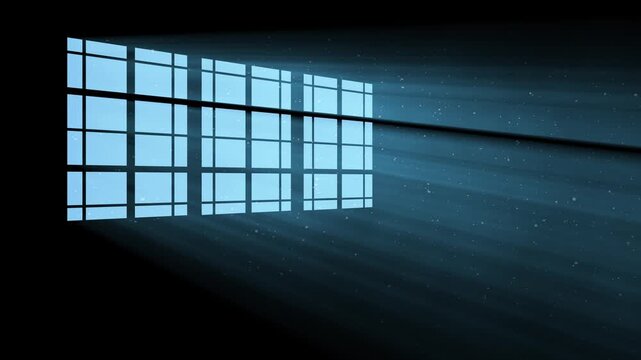 Volumetric Light Beams, blue moonlight streamed through the long window panes, carrying with it dust particles. on a black background for an overlay effect.