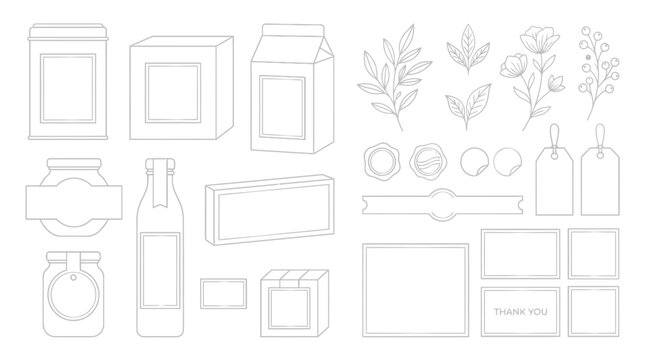 Hand-drawn packaging elements, labels, boxes, floral outlines, tags