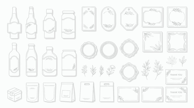 Hand-drawn packaging labels, bottles, jars, boxes, and floral elements