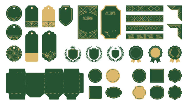 Luxury Label and Packaging Design Elements, Art Deco Gold and Green