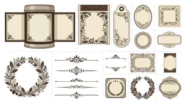 Ornate decorative borders, frames, and labels isolated on transparent background