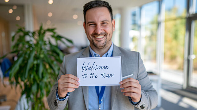 Senior businessman welcoming a new employee by holding a simple card reading welcome to the team, card and hands in precise focus, face intentionally excluded from the frame, bright spacious corpora