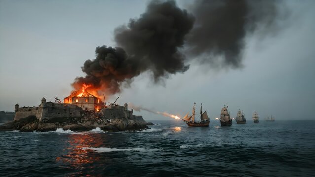 Historic fortress on coastline engulfed in flames during maritime attack, with ships in water and dark stormy sky