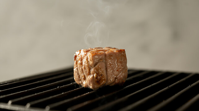 Thick juicy beef steak piece cooking on a hot barbecue grill grate with smoke barbecue nutrition