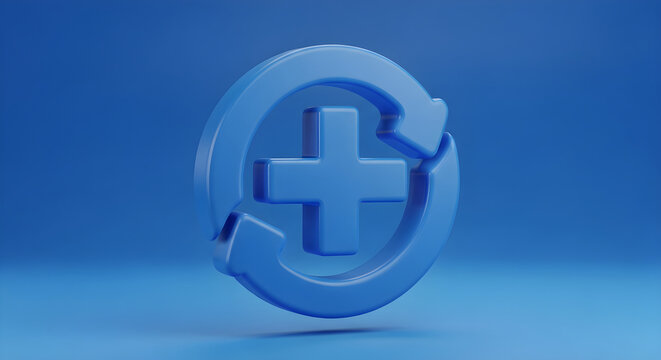 Blue 3D Plus Symbol Icon Surrounded by Circular Rotating Arrows Representing Sustainable Healthcare and Continuous Medical Improvement