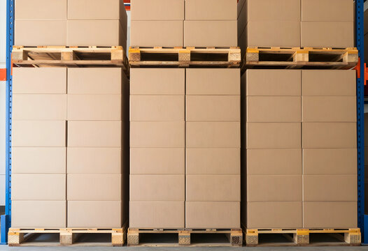 Logistics and supply chain management cardboard boxes stacked on wooden pallets in a warehouse for distribution shipping and global trade operations