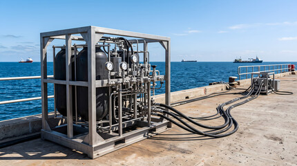 Obraz premium Hydraulic accumulator skid on marine quay for offshore oil operations