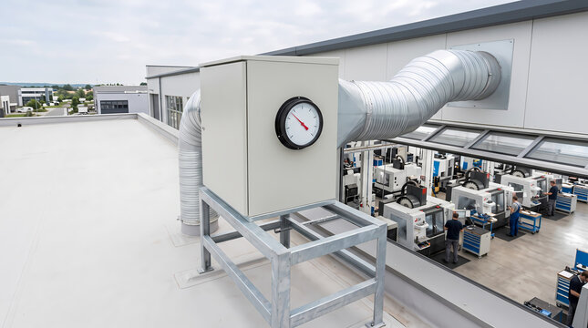 Rooftop industrial air filtration unit with differential pressure gauge