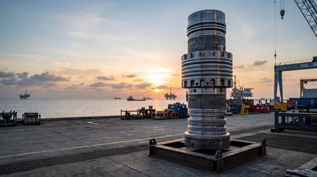 Heavy subsea wellhead connector component resting on dock at sunset