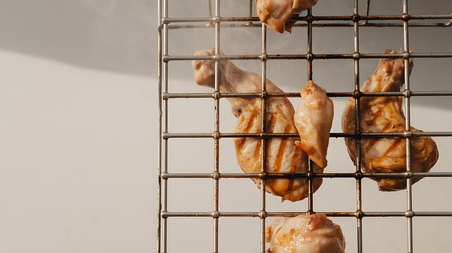 Marinated chicken pieces cooking inside a metal wire grilling basket with barbecue