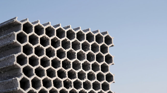 Extruded ceramic catalyst honeycomb substrate block close up outdoors