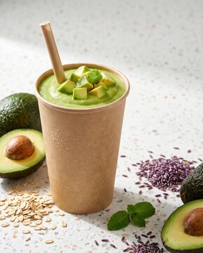 Avocado smoothie in kraft paper cup with straw and fresh ingredients on marble table