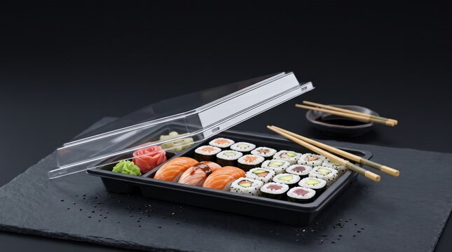 Assorted sushi set in black plastic takeout box with transparent lid and chopsticks
