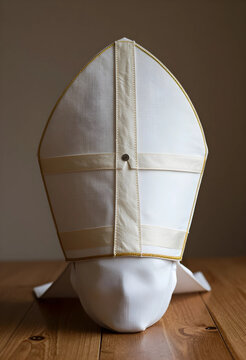 Catholicism and religious tradition, white mitre of a bishop on a wooden table for liturgical ceremony and ecclesiastical vestment in church interior