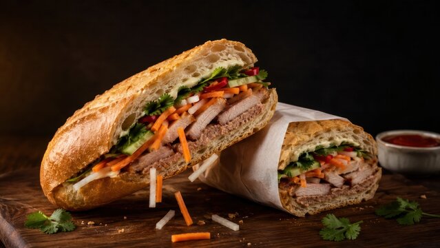 Falling pickled carrots from cut vietnamese banh mi sandwich on dark wooden board