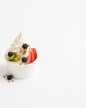 Fresh soft serve ice cream in paper cup with mixed fruit and granola on white background