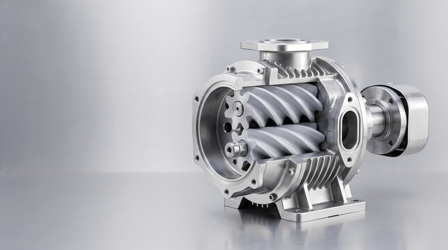 Cross section cutaway of industrial twin rotary screw vacuum pump