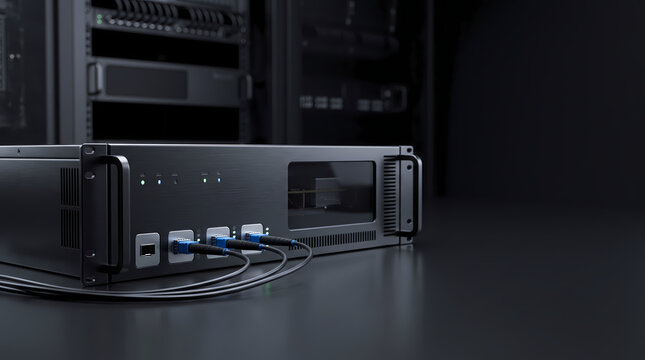 Optical transponder rack chassis connected with blue fiber patch leads