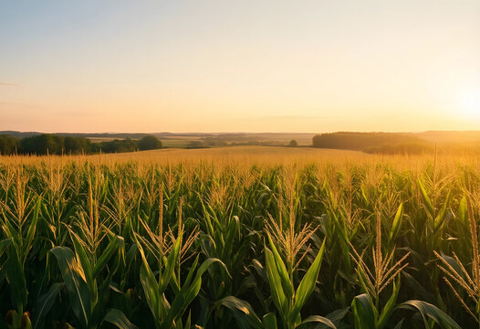 Sustainable agriculture and food security, corn field at sunset with golden hour light in rural landscape for organic farming and harvest season industry