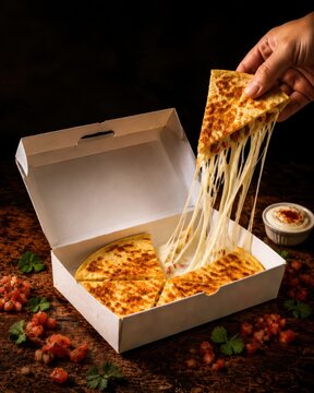 Hand pulling cheesy quesadilla slice from white takeout box on dark wooden table