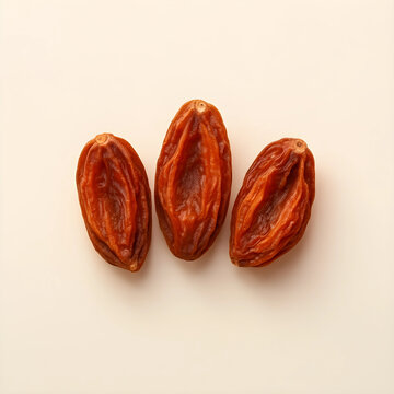 Healthy nutrition and organic food, three dried date fruits on a neutral background for vegan diet and natural snack concepts