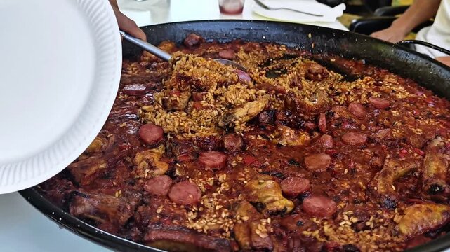 Tradicional Spanish rice with beef ribs served as comforting homemade family meal