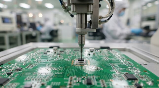 Pick and place robot placing microchips onto a circuit board in a cleanroom, with vacuum nozzle, solder paste, and pcb traces.