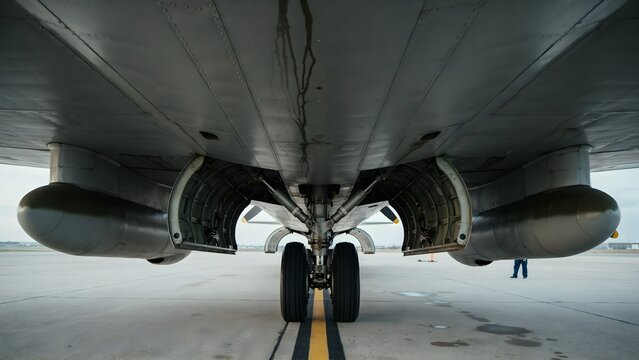 Close-up view of airplane jet engines and landing gear on tarmac at airport