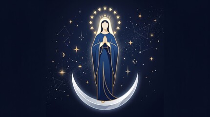 Fototapeta premium Virgin Mary standing on crescent moon surrounded by stars in night sky. Blessed mother in prayer with halo and crown