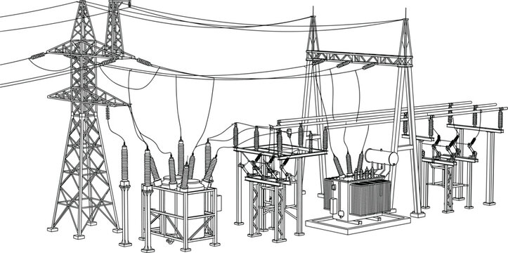 Electrical Substation with Transmission Towers and High Voltage Power Distribution Equipment Line Art