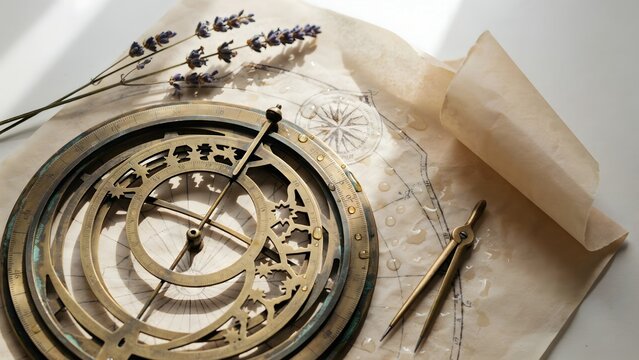 Antique navigation tools with compass and drawing instruments on parchment paper