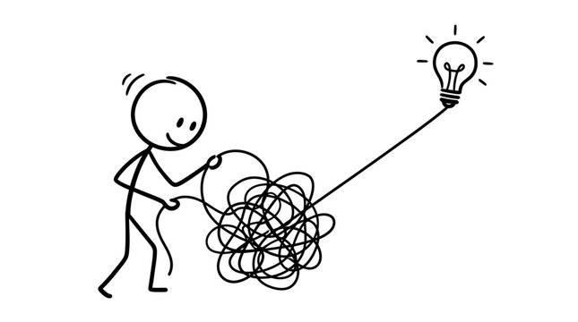Stick figure untangling messy lines into clear lightbulb idea