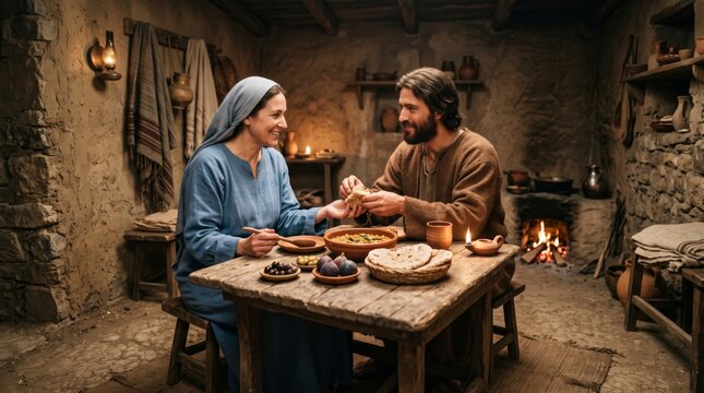 Woman and man sharing bread at wooden table in ancient biblical house. Couple eating meal together with bread, olives and figs by