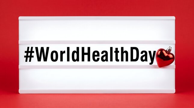 World Health Day hashtag on white lightbox, red background with heart ornament, medical awareness and wellness concept