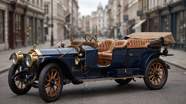 Vintage classic blue car parked on city street with brown leather interior