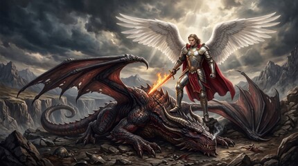 Fototapeta premium Angel warrior in armor with flaming sword standing over defeated dragon. Man with white wings triumphing over evil beast in epic fantasy battle. Good versus evil concept for game and book cover.