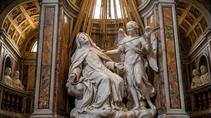 Fototapeta premium Marble baroque sculpture of angel with golden arrow and praying nun in ornate church interior. Religious art and mystical spirituality